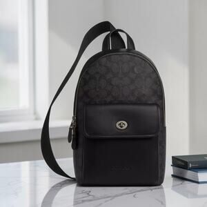 Coach CAJ92 Turnlock Sling Pack Signature Canvas Charcoal Black Gunmetal NWT